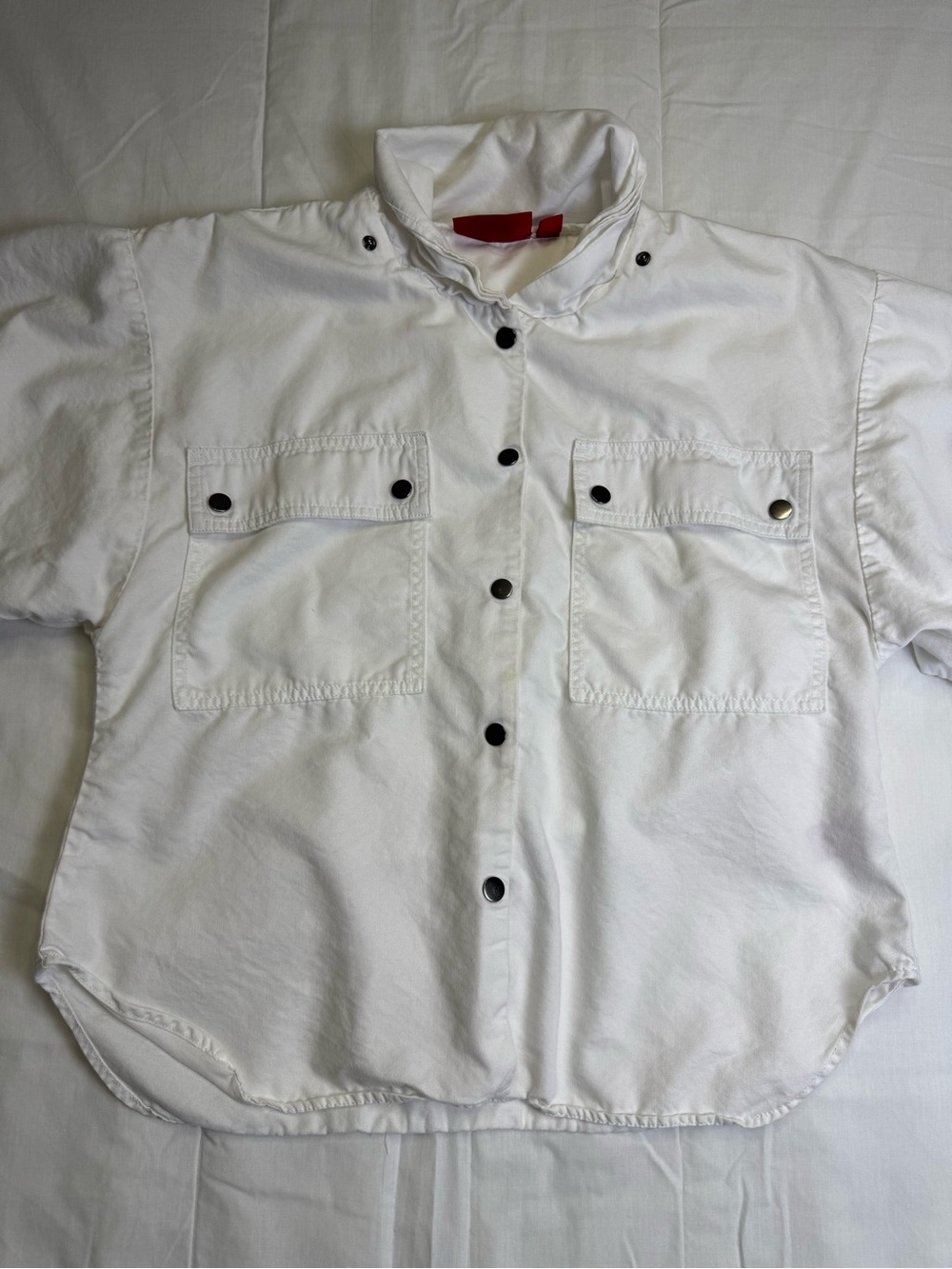 Jennifer Lopez Women's L White Solid Button-Up Collared Short Sleeve Pockets